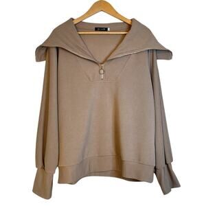 EFan Women Y2K Oversized Ribbed Knit Quarter Zip Pullover Active Top Sz L Brown